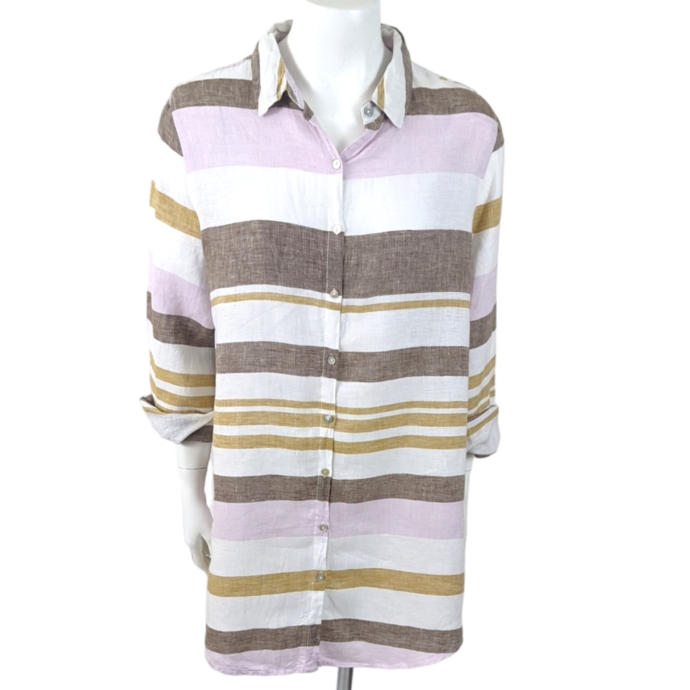 Rachel Zoe Linen Tunic Blouse Women XL White Beige Coastal Top Clean Girl